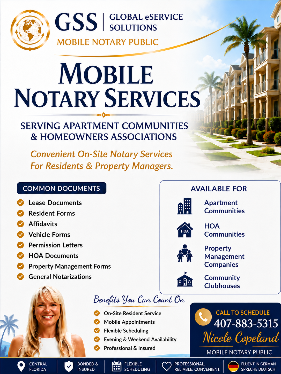 Global eService Solutions mobile notary services for apartment communities and HOA communities flyer.