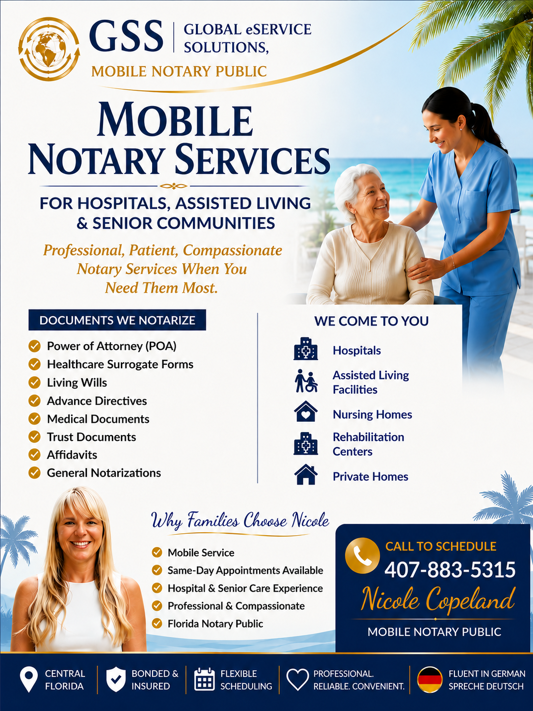 Global eService Solutions mobile notary services for hospitals, assisted living, and senior communities flyer.